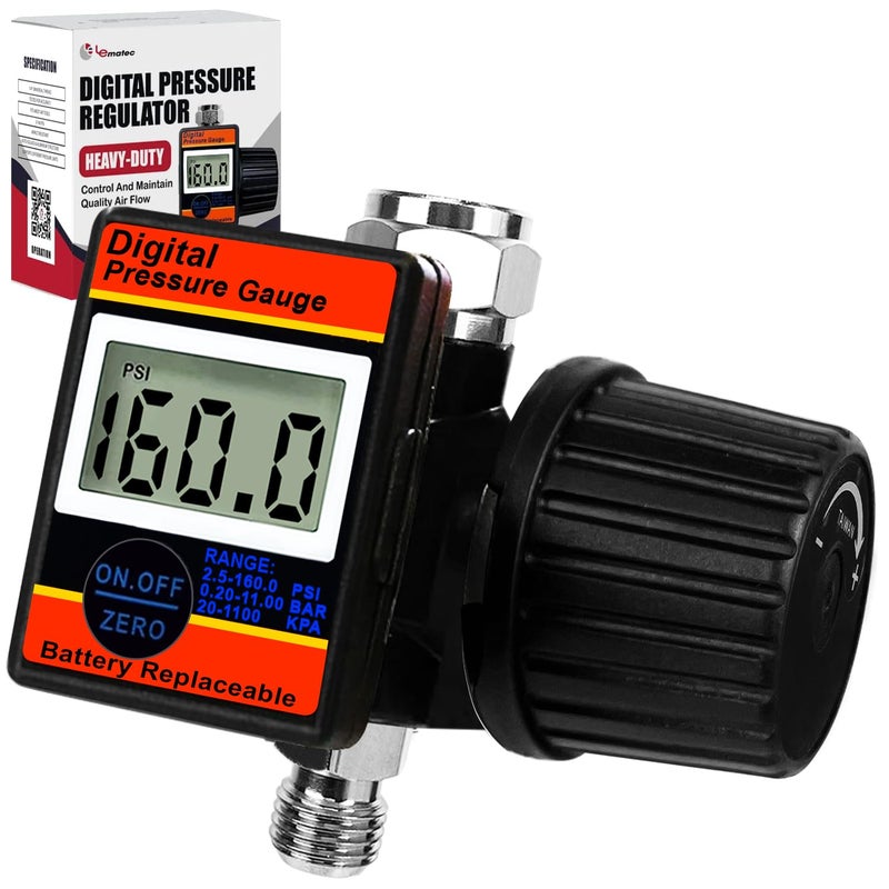 LE LEMATEC Digital Air Pressure Regulator, 1/4-Inch NPT Diaphragm Airflow Valve Up to 160 PSI Digital Gauge for HVLP Spray Paint Gun, Sand Blaster & Other Pneumatic Tools (DAR02B) - Image 1